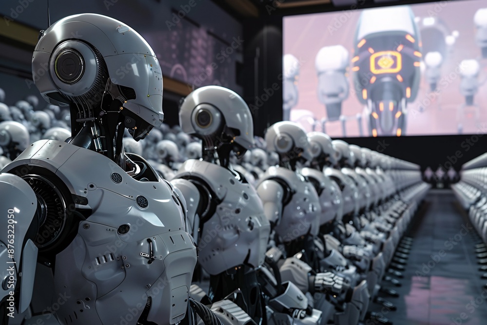 Poster a group of humanoid robots are lined up in rows within a technologically advanced facility, suggesti
