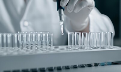 close up of scientist's hand using test tube to mix liquid in laboratory with white lab coat and gloves on with a row of empty glass test tubes on the table in a macro photography shot