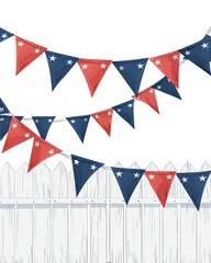 Obraz premium Red, white, and blue bunting hangs in front of a white picket fence.