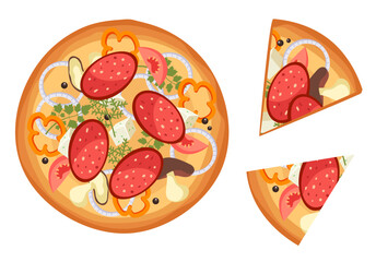 Meat pizza with cheese vegetable slice cheese mushroom isolated set. Vector flat graphic design illustration
