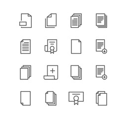 Set of document and paper icons, paper, download, infographic, favorite, page, text, file and linear variety vectors.	
