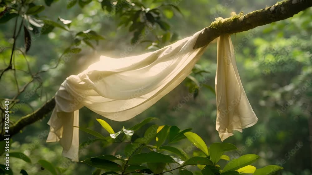 Poster soft flowing fabric hangs from a vinecovered branch caught in the gentle gusts of wind that sweep th