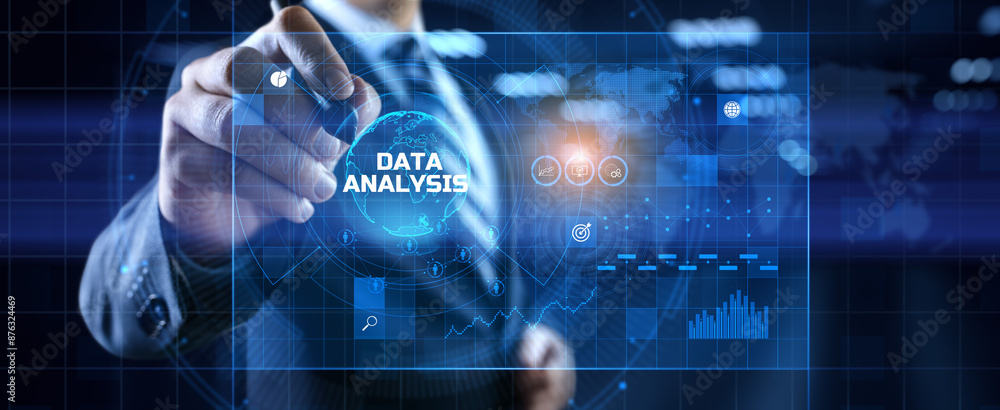 Poster businessman pressing virtual button data analysis text on screen.