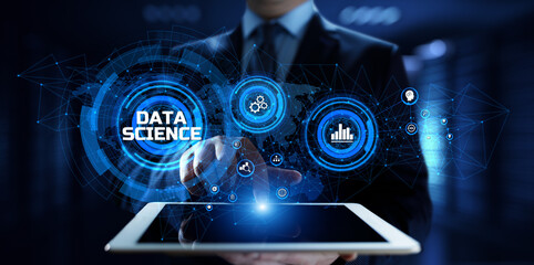 Data science analytics concept. Businessman pressing button on screen.