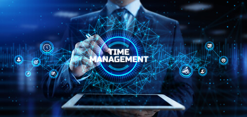 Time management planning productivity business concept. Businessman pressing button.