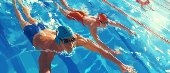 AI generator image of Olympic swimmer racing, tilted view