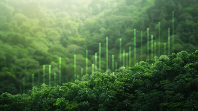 An elegant green progress bar gradually filling up, overlaid on an image of a lush forest, representing the positive impact of environmental conservation efforts
