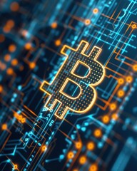 Bitcoin symbol on a screen against a dark background