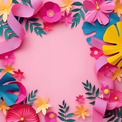 illustration of pink leaves and flowers with pink ribbon for celebrate breast cancer awareness day background
