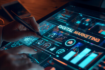 
A person using a stylus to interact with a digital marketing interface that says "DIGITAL MARKETING" displayed on a screen, highlighting various marketing icons and analytics
