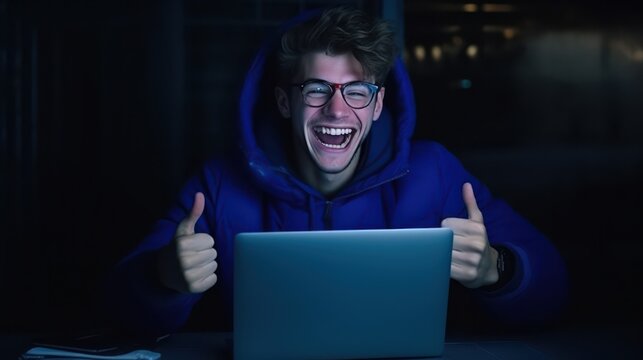 Man Gives Thumbs Up at Laptop