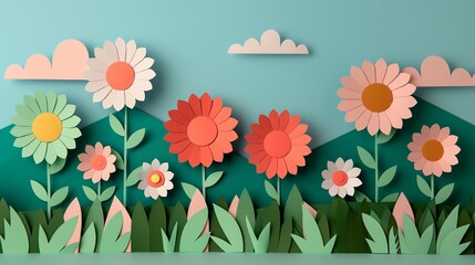 Fototapeta premium Craft whimsical paper craft illustrations featuring intricate flowers, whimsical mobs, and imaginative podiums that add depth and texture to visual compositions. Clean and Clear Color, Realistic