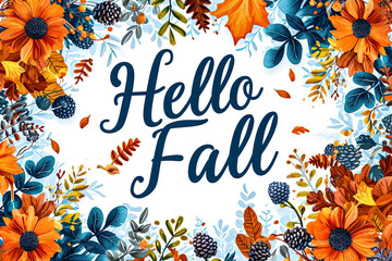 Hello Fall quote surrounded by fall decorations with leaves, fall background, card design
