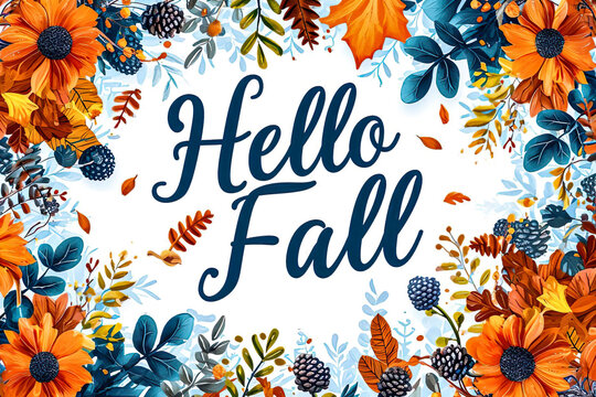 Hello Fall quote surrounded by fall decorations with leaves, fall background, card design