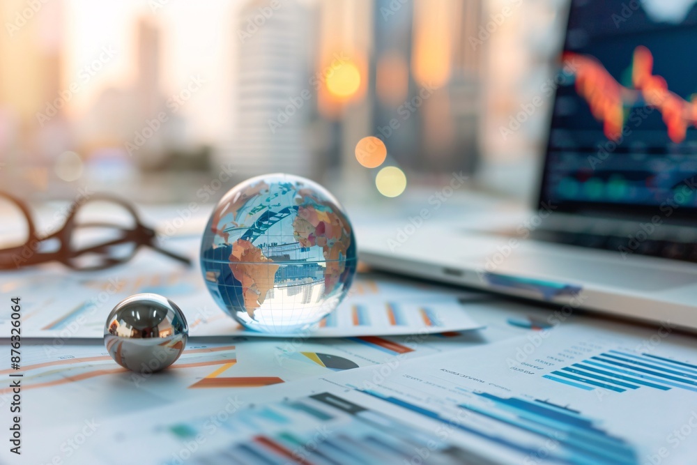 Aufkleber a globe and metallic sphere with financial charts, glasses, and a laptop in the background symbolizi