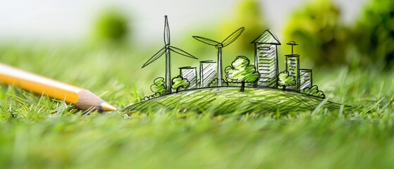 Sustainable Growth Sketching Green Energy Concepts on Grass Field with Wind Turbines and Cityscape. Eco Friendly Technology for Environmental Conservation.
