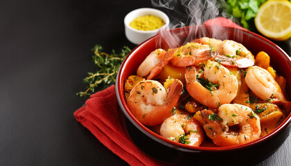 Sauteed shrimps and prawns seasoned with garlic, herbs, and lemon, displayed fly smoke