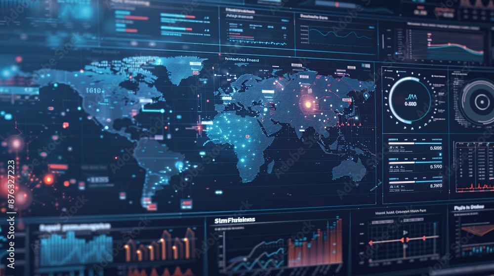 Poster Futuristic Technology Interface with World Map, Data, and Graphs