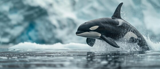 AI generator image of orca wales, jumping out of sea surface, in a cristal clear water glacier