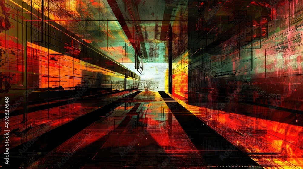 Poster the image is an abstract painting. it has a dark red background with bright yellow, green, and white