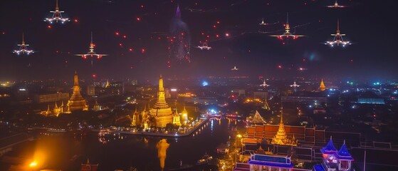 AI generator image of Photograph of Wat Phra Kaew, Bangkok, Thailand at night and the fireworks display and the translation drone with lights, very beautiful.Panorama landscape view