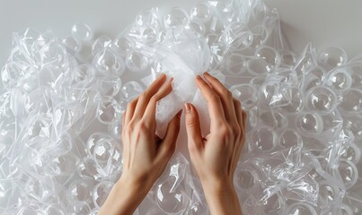 close-up of hands holding white bubble wrap surrounded by transparent plastic bags on light background showcasing minimal concept for eco-friendly packaging and waste management in high resolution