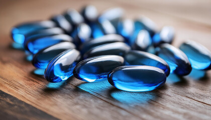 Blue soft gel capsules on wooden table. Supplement for health care and immunity support. Close-up.