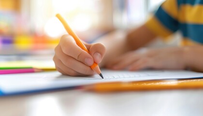 Selective focus on a child s hands drawing with crayons, with a blurred classroom background, perfect for education 