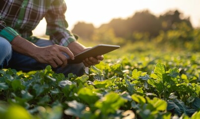 farmer using an pad to plan and trace the growing process of crops in his field with green leaves and sunlight creating a natural background symbolizing modern agriculture and technology use