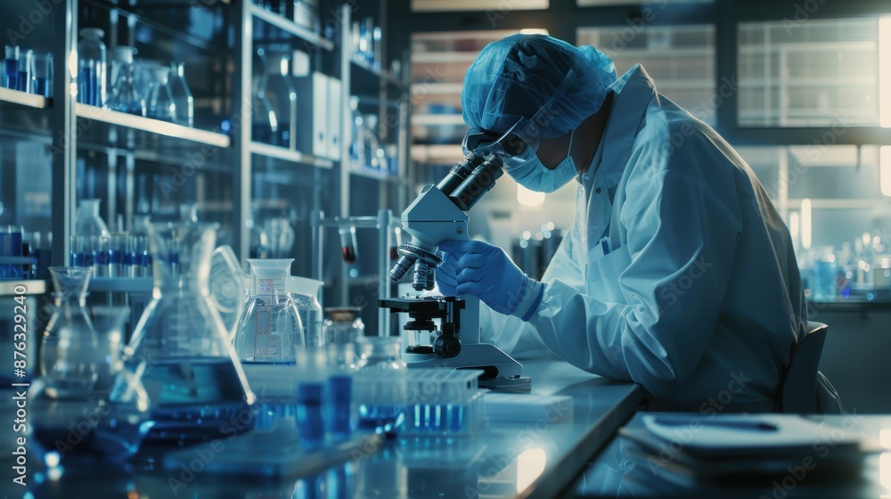 Poster the scientist using microscope