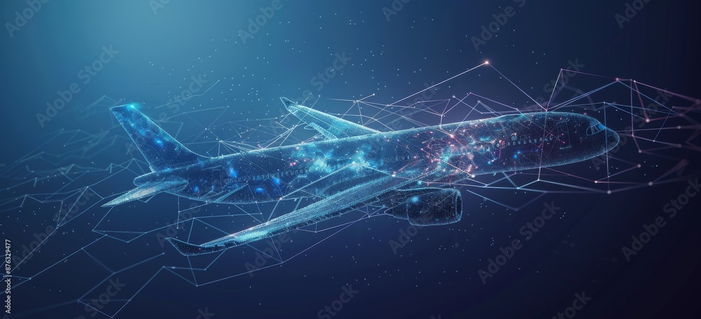 Poster futuristic digital rendering of an airplane in flight with geometric connections
