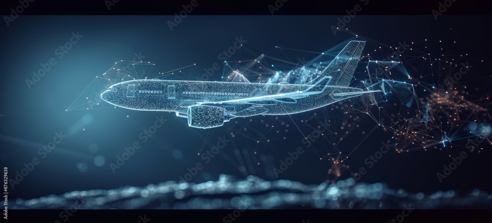 Poster futuristic digital rendering of an airplane made of light and lines in mid-flight