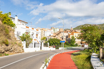 a paved road entering Montanejos, province of Castellon, Community of Valencia, Spain
