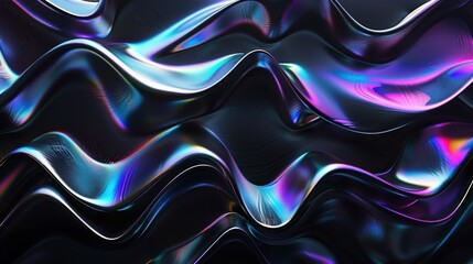 Obraz premium A 4k animation featuring iridescent wavy shapes on a black background, creating a captivating and visually striking 3D render.
