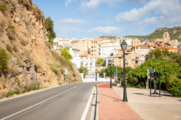 a paved road entering Montanejos, province of Castellon, Community of Valencia, Spain