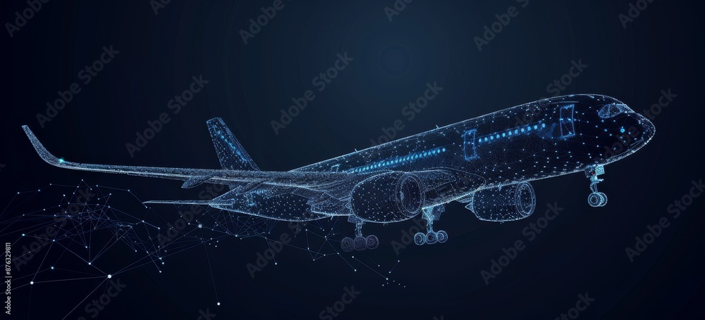 Poster digital rendering of a futuristic airplane in flight with abstract network connections