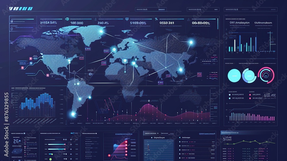 Poster Futuristic Digital Interface with World Map and Data Visualization