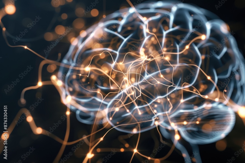 Poster a close-up of a glowing brain with neurons firing, illuminating intricate pathways, set against a bl