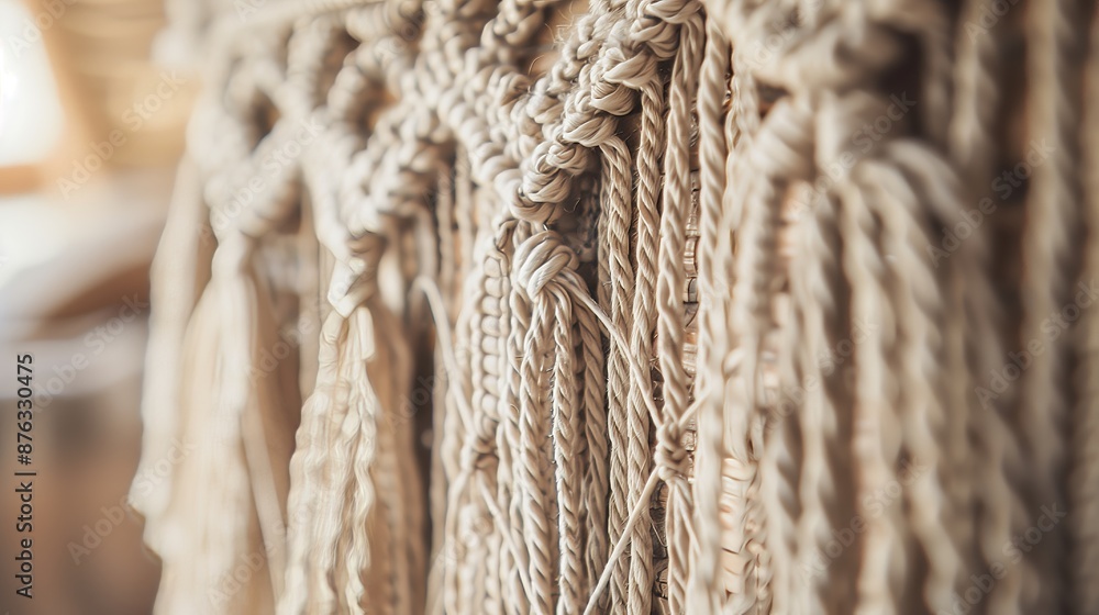 Poster a macrame wall hanging features intricate knots and patterns, showcasing craftsmanship and bohemian 