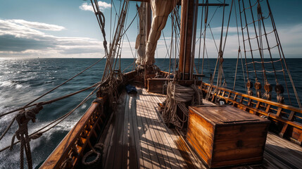 Sailing ship sailing in the sea, sunny weather, doldrums in the ocean, view from the deck of the...