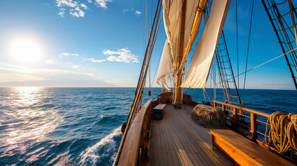 Sailing ship sailing in the sea, sunny weather, doldrums in the ocean, view from the deck of the...