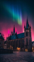 Obraz premium AI generator image of Prinzipalmarkt shopping in a lively historical square Münster, Germany at night and the northern lights are very bright and beautiful.