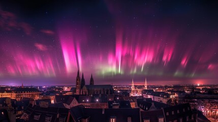 Obraz premium AI generator image of Prinzipalmarkt shopping in a lively historical square Münster, Germany at night and the northern lights are very bright and beautiful.