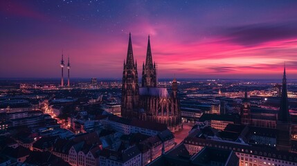 AI generator image of Prinzipalmarkt shopping in a lively historical square Münster, Germany at night and the northern lights are very bright and beautiful.