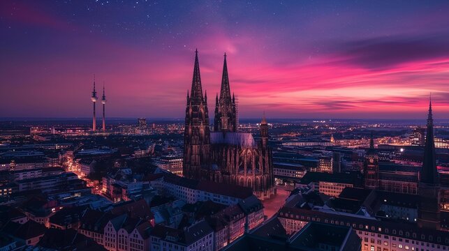 AI generator image of Prinzipalmarkt shopping in a lively historical square M&uuml;nster, Germany at night and the northern lights are very bright and beautiful.