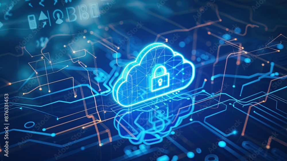 Poster abstract illustration of a glowing blue cloud with a lock icon over a digital circuit board