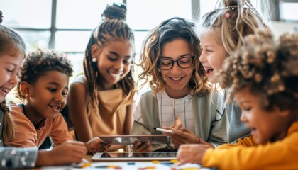 Female teacher engaging diverse group of children in interactive learning with digital tablet in classroom