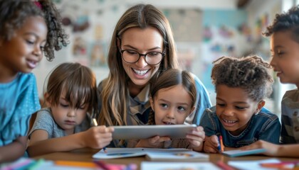 Female teacher with young students using digital tablet in classroom setting
