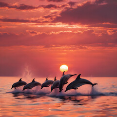 Fototapeta premium A group of dolphins leaping out of the water at sunset, with the sky painted in shades of orange and pink.
