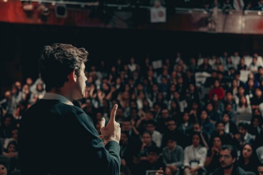 A speaker addresses a packed auditorium, captivating the audience with a compelling message